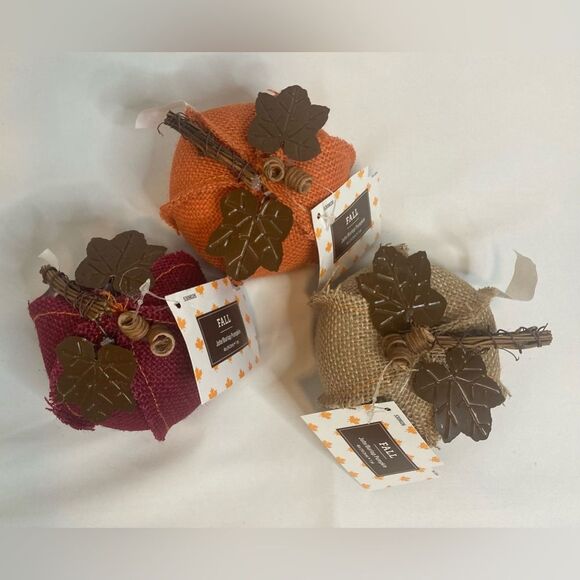 NEW 4" SET OF 3 FALL FARMHOUSE JUTE BURLAP DECOR PUMPKINS Table Centerpiece - Picture 3 of 5
